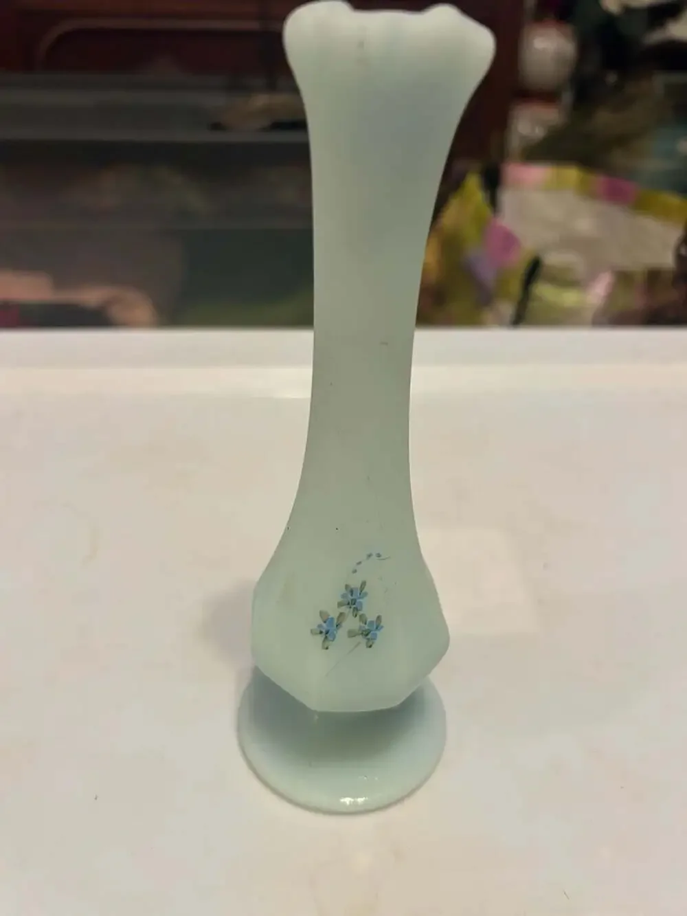 Fenton Satin Blue Green Hand Painted Vase Flowers & Signed by Kim L